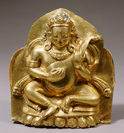 A Tibetan Gilt-Copper Plaque Depicting Dhrtarashtra Seated On A Lotus, Playing A Lute van 