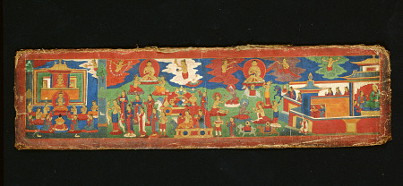 A Tibetan Painted Cotton Manuscript Cover Painted With Various Offering Scenes van 
