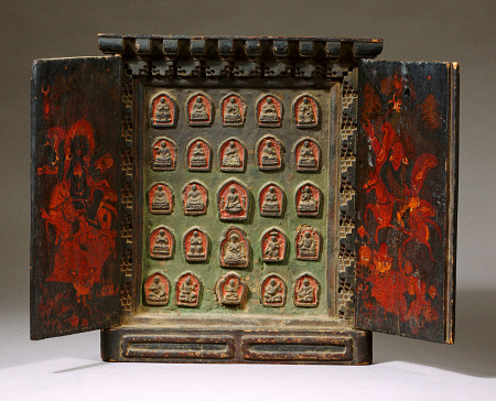A Tibetan Wooden Altar, With Both Doors Painted With Shri Devi On Her Mule And Another Horse Riding van 