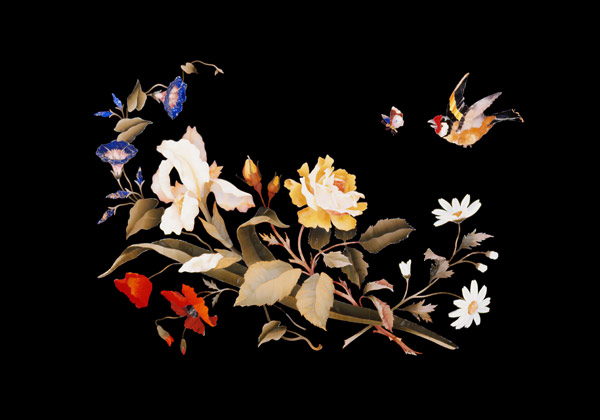 A Florentine Pietra Dura Panel, Inset With A Goldfinch Chasing A Butterfly Above A Floral Bouquet van 