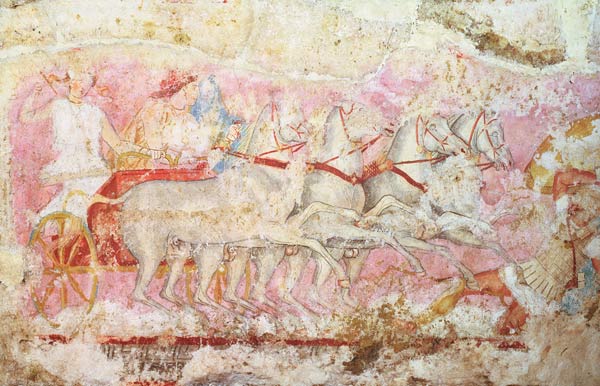 Amazons driving a chariot, detail from the side of the sarcophagus of the Amazons, Tarquinia, 4th ce van 