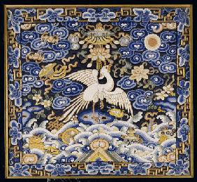 A Blue-Ground Embroidered Mandarin Square Depicting A Paradise Flycather Bird