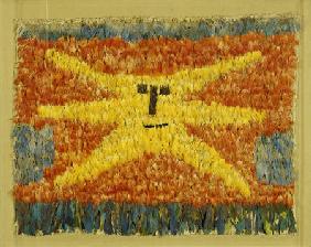 A Huari Feathered Panel Sewn All Over With Feathers On A Cotton Ground With A Yellow Sunburst Face W
