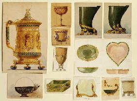 A Selection Of Designs From The House Of Carl Faberge Including An Elaborate Gilt And Enamelled  Tan