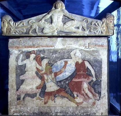 A Greek fighting two Amazons from the end of the sarcophagus of the Amazons, with Acteon torn apart van 