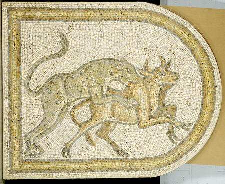 Byzantine Marble Mosaic Panel Depicting A Leopard Attacking A Bull van 