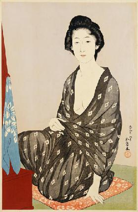 A Beauty In A Black Kimono With White Hanabishi Patterns Seated Before A Mirror