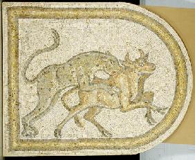 Byzantine Marble Mosaic Panel Depicting A Leopard Attacking A Bull