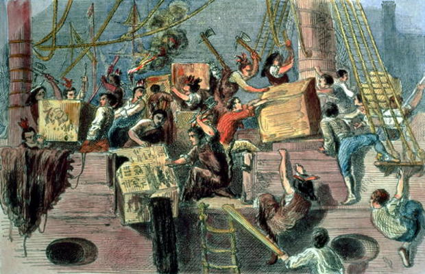 Boston Tea Party, 1773 (hand coloured litho) van 