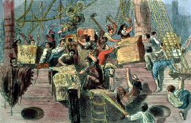 Boston Tea Party, 1773 (hand coloured litho)