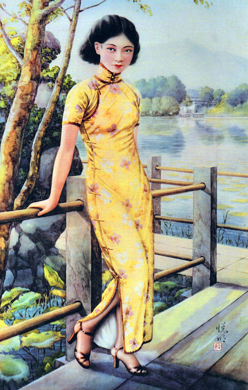 China: Chinese calendar girl of the 1930s wearing a qipao or cheongsam van 