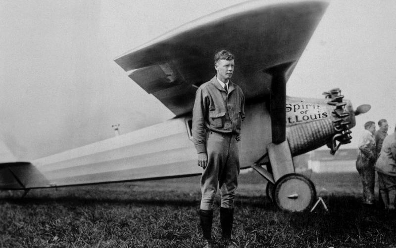 Charles Lindbergh American aviator in front of his plane Spirit of Saint Louis taking off from Roose van 