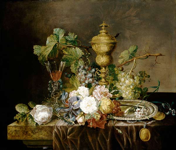 A Still Life With Roses, Carnations, An Iris, Grapes, A Silver Plate, Two Medallions, A ''Facon De V van 