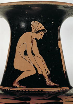 Crouching woman tying her sandal, detail from the neck of an Attic red-figure amphora, made by Pamph van 