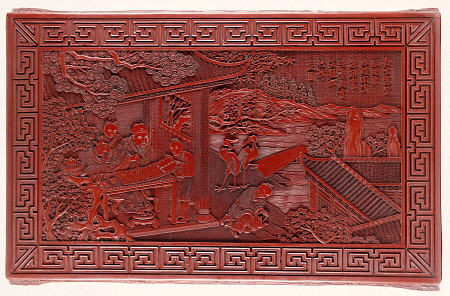 Detail From A Red Lacquer Rectangular Low Table Top, Depicting A Scholar In A Pavilion With Three At van 