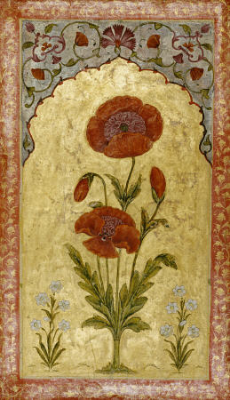 Double Sided Miniature Depicting A Single Stem Of Poppy Blossoms On Gold Ground van 