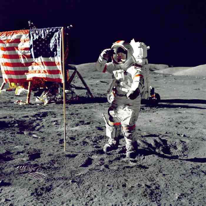 Eugene A. Cernan, Commander, Apollo 17 salutes the flag on the lunar surface during extravehicular a van 