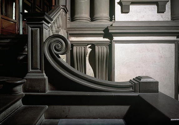 Entrance Hall, detail of staircase designed by Michelangelo Buonarroti (1475-1564) in 1524-34 and co van 