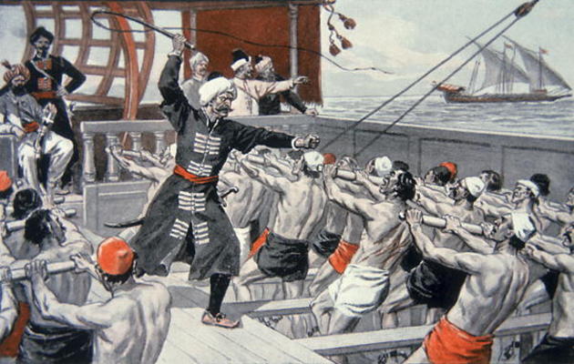 Galley Slaves of the Barbary Corsairs (coloured litho) van 