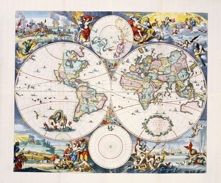 Hand-Coloured Engraved And Etched Wall-Map Of The World On 4 Sheets Cornelis III Danckerts (1664-171 van 