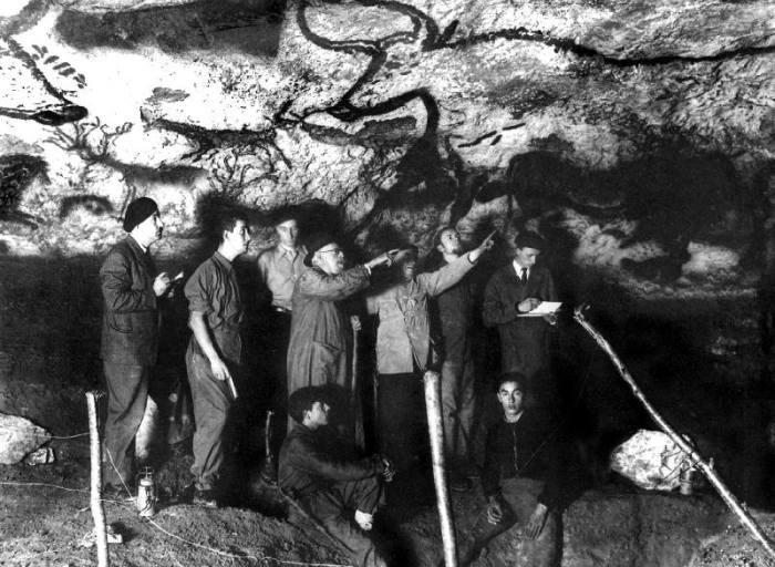 historical visit of the Cave of Lascaux, Montignac, France at the time of its discovery in 1940 l-r  van 