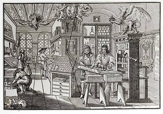 Interior of a printing works in Nuremberg, 17th century (b/w print) van 