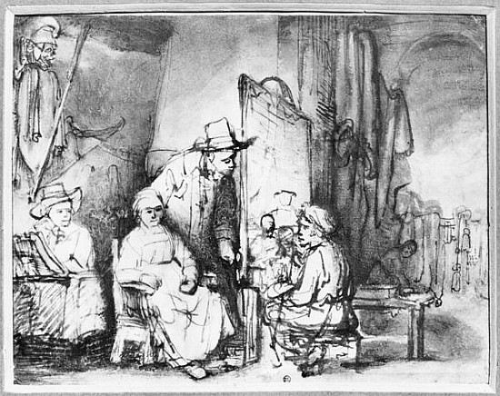 Interior of a studio with a painter painting the portrait of a couple (pen, ink, bistre & wash on pa van 