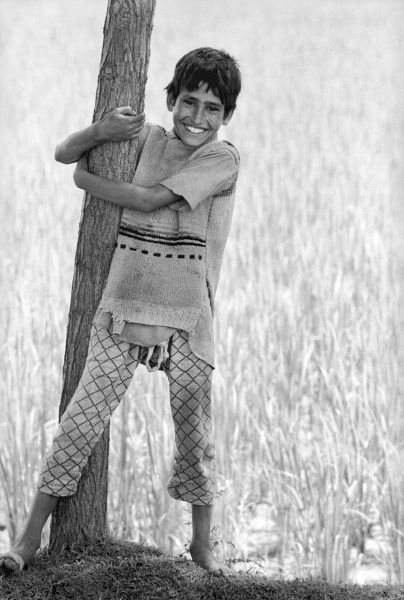 Kashmiri boy holding tree trunk (b/w photo)  van 