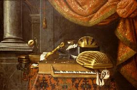 Lutes With A Clavichord On A Table, A Red Curtain Above