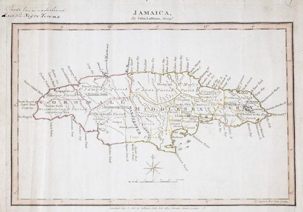Map of Jamaica showing maroon settlements underlined, where runaway slaves found refuge, 1805 (ink o