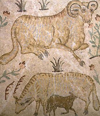 Mosaic plaque depicting a ram and a ewe suckling a lamb, possibly Greek van 