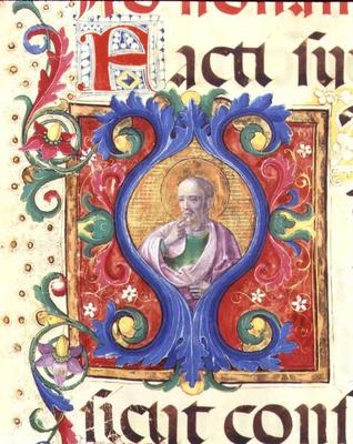 Ms 542 f.18v Historiated initial 'I' depicting a male saint from a psalter written by Don Appiano fr van 