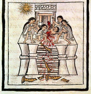 Ms Laur. Med. Palat. 218 f.84v Human sacrifice at the temple of Tezcatlipoca from a history of the A van 