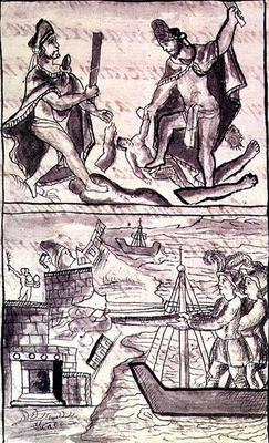Ms Laur. Med. Palat. 220 f.471 (TtoB) Quauhtenco and Mayenatzin punishing traitors; the Spanish flee van 