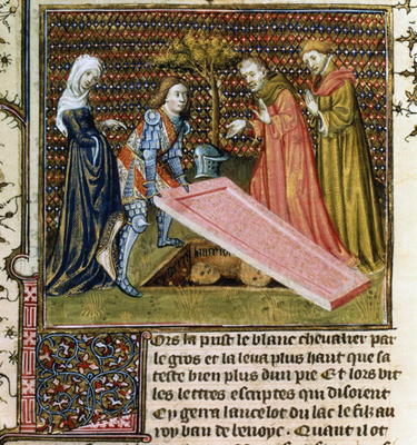 Ms.Fr.118 f.190 Lancelot lifts the stone off his own predestined grave and learns his name and paren van 