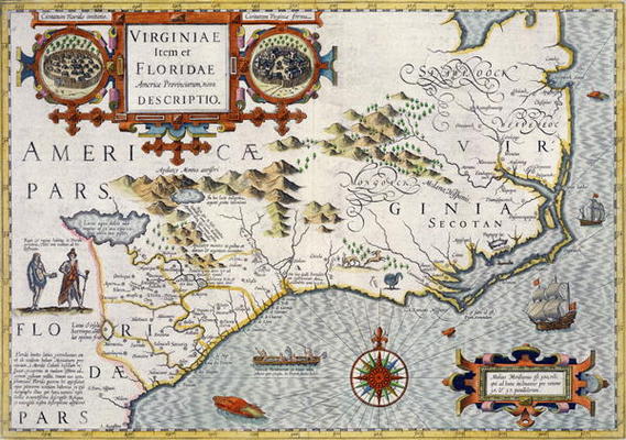 North Carolina, titled 'Virginiae item et Floridae' from the Mercator 'Atlas...' of 1606, pub. by Jo van 