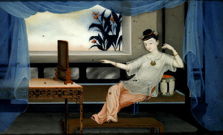 One Of A Pair Of Chinese Export Reverse Paintings On Glass Depicting A Lady Reclining On A Day Bed, van 