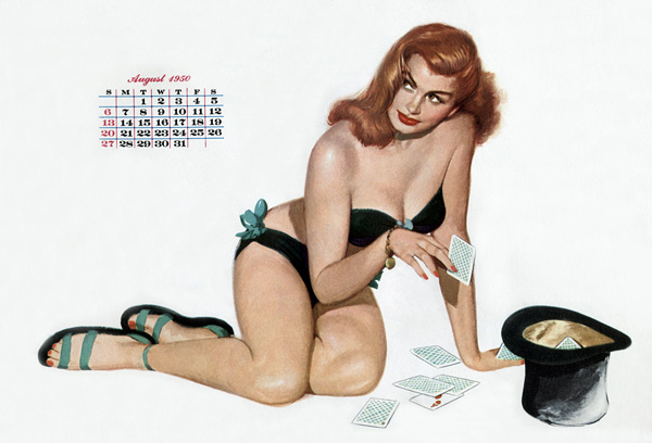 Pin up taking cards in a top hat, from Esquire Girl calendar van 