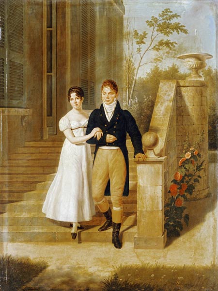Portrait Of A Lady And A Gentleman On The Steps Of A Chateau van 