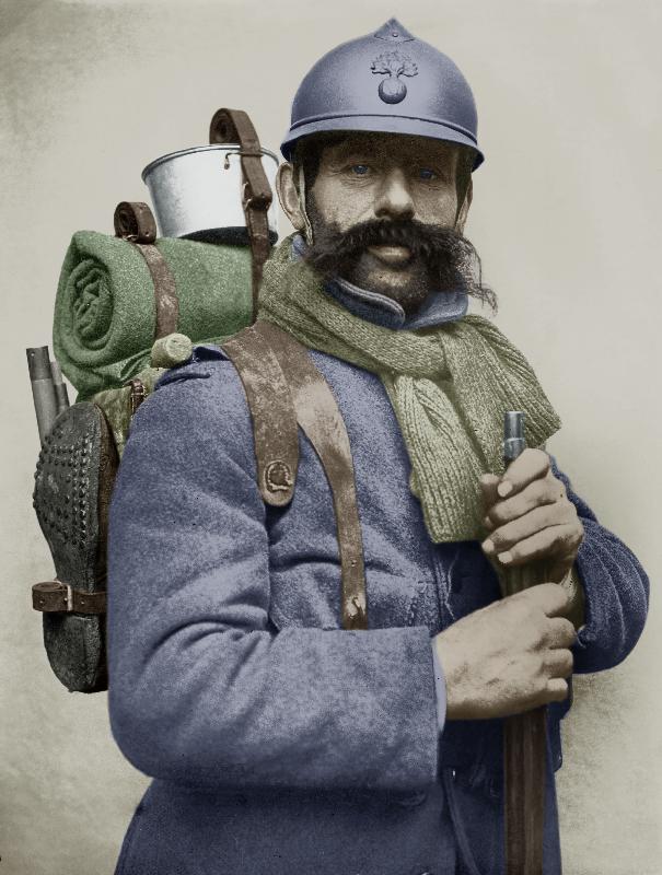 Portrait of a French soldier dressed with his sky blue military uniform and carrying a backpack, wit van 