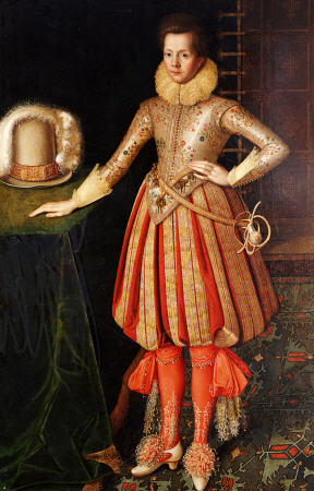 Portrait Of A Gentleman, Full Length, In A Doublet Embroidered With Flower Motif, Lace Ruff And Cuff van 
