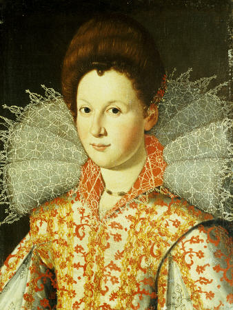 Portrait Of A Lady, Bust Length, Wearing An Embroidered Dress With Lace Ruff Collar van 