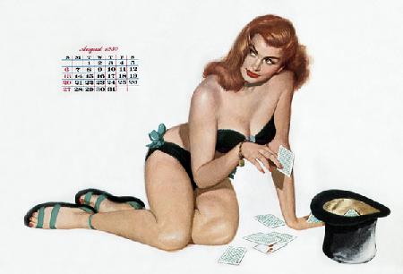 Pin up taking cards in a top hat, from Esquire Girl calendar