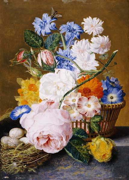 Roses, Morning Glory, Narcissi, Aster And Other Flowers In A Basket With Eggs In A Nest On A Marble van 