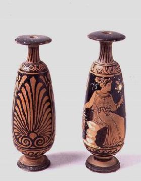 Red-figure alabastrons, one depicting a female figure seated on a rock, Greek (pottery)