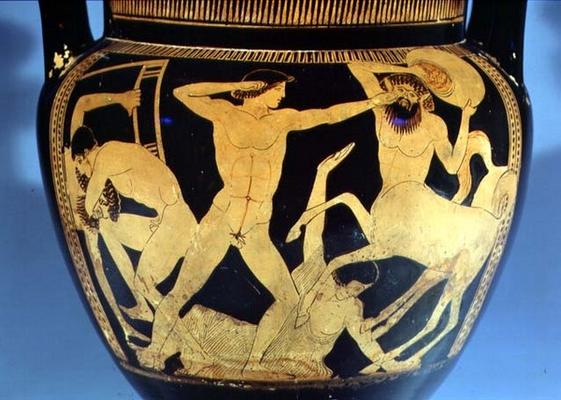 Red-figure vase depicting the battle between the centaurs and the lapiths, detail of warriors, Greek van 