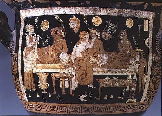 Red and white figure calyx crater: detail depicting banquet scene, Greek (pottery) (detail of 85012) van 