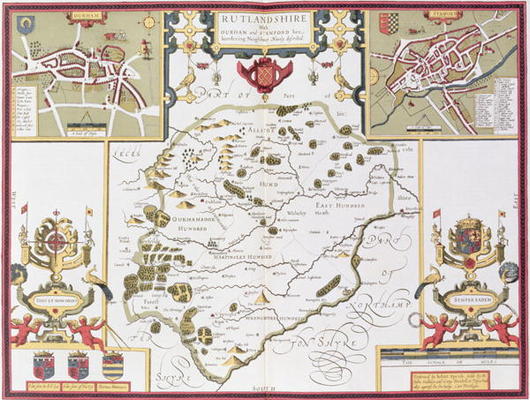 Rutlandshire with Oukham and Stanford, engraved by Jodocus Hondius (1563-1612) from John Speed's 'Th van 