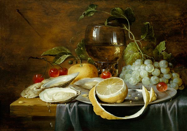 A Roemer, A Peeled Half Lemon On A Pewter Plate, Oysters, Cherries And An Orange On A Draped Table van 