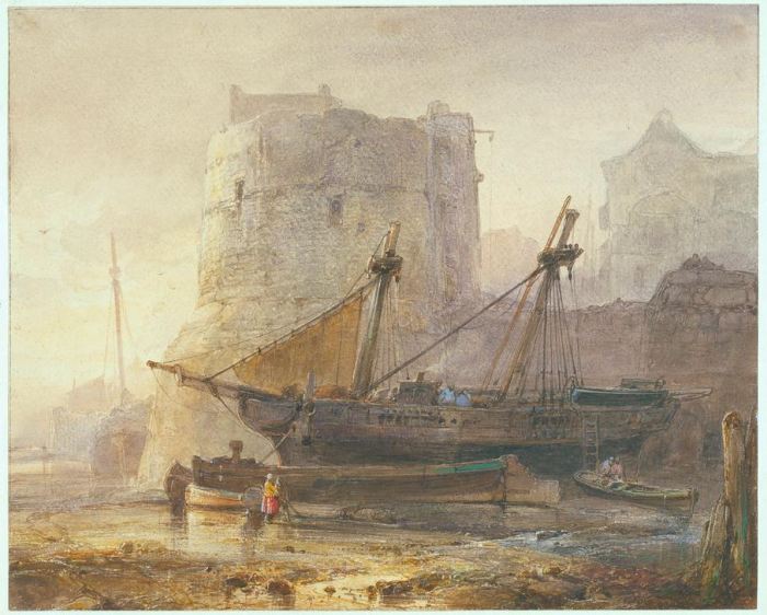 Ships at low tide in a French port van 
